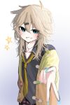  1girl bandaid black_shirt blue_eyes blue_nails blush brown_hair cardigan collared_shirt commentary_request fingernails grey_background grin gyaru_v hair_between_eyes highres jewelry kasukabe_tsumugi long_hair long_sleeves looking_at_viewer magatama magatama_necklace mole mole_under_eye necklace necktie open_cardigan open_clothes plaid_clothes plaid_skirt purple_skirt ren256 shirt skirt smile solo upper_body v voicevox yellow_cardigan yellow_necktie 