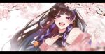  1girl black_hair blunt_bangs commentary earrings flower hair_flower hair_ornament highres jewelry long_hair looking_at_viewer meloco_kyoran multicolored_hair nijisanji nijisanji_en open_mouth purple_eyes purple_hair ringo_21_a solo streaked_hair teeth tongue untranslatable_commentary upper_body virtual_youtuber 