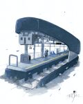  1other absurdres chair commentary_request fence highres kazunoko_(kazunoko_zunoco) original signature standing stapler train_station white_background wide_shot 