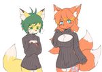  anthro blue_eyes bottomless breasts bulge canine cleavage clothed clothing duo female fox fur green_eyes green_hair hair half-dressed kemono keyhole_turtleneck long_hair male mammal red_fur short_hair sweater unknown_artist 