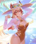  1girl absurdres animal_ears blush breasts commentary eye_mask fox_ears fox_girl hat highres large_breasts long_hair looking_at_viewer marvel marvel_rivals mask multicolored_hair smile solo swimsuit tail tiger_division umabomi white_fox_(marvel) white_hair 