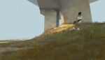  1girl absurdres bag bangqiao_yan black_bag black_hair black_sailor_collar black_skirt blue_sky brush_stroke cat commentary_request day elevated_highway graffiti grass highres highway looking_to_the_side neckerchief original outdoors red_neckerchief sailor_collar scenery school_uniform serafuku shade shirt short_hair short_sleeves sitting skirt sky solo turning_head white_shirt wide_shot 
