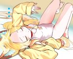  1girl absurdres animal_ear_fluff animal_ears bare_legs barefoot blonde_hair blue_archive blush breasts closed_eyes commentary covered_navel eudetenis feet forehead halo highres jacket long_hair long_sleeves lying on_back one-piece_swimsuit open_clothes open_jacket parted_bangs school_swimsuit seia_(blue_archive) seia_(swimsuit)_(blue_archive) sleeves_past_wrists small_breasts solo swimsuit toes upside-down variant_set very_long_hair white_one-piece_swimsuit yellow_halo yellow_jacket 