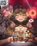  1girl 2others absurdres black_gloves black_hat black_shorts blonde_hair blush braid breast_milk_in_container breasts coin coin_on_string commentary_request crying crying_with_eyes_open cup embarrassed fingerless_gloves genshin_impact gloves goggles goggles_on_headwear green_eyes hand_milking hat heart highres holding holding_cup hypnosis jahoda_(genshin_impact) karuru lactation leaning_forward long_hair looking_at_viewer medium_breasts milk mind_control multiple_others open_mouth paid_reward_available shirt shorts spoken_heart standing surprised tears twin_braids white_shirt 
