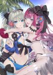  2girls :o ;o akatsuki_hijiri baobhan_sith_(fate) bikini black_bikini black_bow blue_bikini blue_eyes blue_sky bow breasts comiket_108 commentary_request double_bikini fate/grand_order fate_(series) flower grey_hair hair_bow hair_flower hair_ornament highres hug large_breasts long_hair looking_at_viewer morgan_le_fay_(fate) multiple_girls navel one_eye_closed palm_tree pink_hair pointy_ears purple_eyes scrunchie sky stomach swimsuit tree very_long_hair white_bikini wrist_scrunchie 