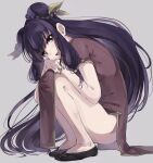  1girl black_nails black_shoes china_dress chinese_clothes commentary_request double_bun dress grey_background hair_bun highres hokka_tm nail_polish ranma_1/2 red_dress red_eyes shampoo_(ranma_1/2) shoes side_slit sidelocks simple_background solo squatting 