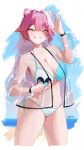  1girl absurdres animal_ears artist_name beach bikini black_wrist_cuffs blue_bikini blue_sky blush breasts character_print chattino_(raora_panthera) commentary day eyeshadow fangs fingernails grin hair_intakes highres hololive hololive_english hood hoodie large_breasts long_hair long_sleeves looking_at_viewer makeup multicolored_hair nail_polish navel ocean open_clothes open_hoodie panther_ears panther_girl pink_eyeshadow pink_hair pink_lips pink_nails raora_panthera salute sand see-through_clothes see-through_hoodie side-tie_bikini_bottom sky smile solo stomach streaked_hair striped_bikini striped_clothes swimsuit teeth thighs two-tone_hair virtual_youtuber white_background wrist_cuffs yellow_eyes yureikaigan 