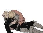  2boys armor basch_fon_ronsenburg black_jacket black_pants blonde_hair boots breasts brothers brown_vest commentary_request cradling_head final_fantasy final_fantasy_xii fingerless_gloves gabranth_(ff12) garbage_paper gloves hand_in_another's_hair hug jacket korean_commentary male_focus medium_breasts multiple_boys pants short_hair shoulder_armor siblings sketch vest white_background 