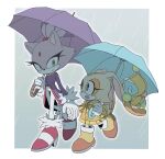  2girls :d animal_ears blaze_the_cat brown_eyes cat_ears cat_girl cheese_(sonic) closed_mouth cream_the_rabbit dress eyelashes forehead_jewel full_body furry furry_female gloves high_heels highres holding holding_umbrella jacket long_sleeves looking_at_another multiple_girls open_mouth pants purple_fur purple_jacket rabbit_ears rabbit_girl rabbit_tail rain raincoat simple_background smile sonic_(series) sonic_channel tail umbrella unneul walking white_gloves white_pants yellow_eyes yellow_fur yellow_raincoat 
