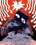  2boys animal_ears black_suit bow bowtie butler_(omori) cat_boy cat_ears commentary double-parted_bangs english_commentary furry furry_male gloves hair_between_eyes highres laweazombica light_bulb long_sleeves male_focus multiple_boys omori on_bed red_bow red_bowtie suit sunny_(omori) under_covers white_gloves 