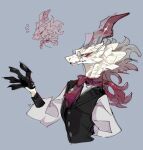  1boy absurdres arm_behind_back ascot black_gloves black_vest claws colored_skin commentary_request cropped_torso daidai_009 dragon_boy dragon_horns eyewear_strap furry furry_male glasses gloves gradient_hair grey_background grey_shirt hand_up highres horns long_hair long_sleeves looking_at_viewer male_focus multicolored_hair original puffy_long_sleeves puffy_sleeves red_ascot red_eyes red_hair round_eyewear shirt simple_background solo upper_body vest white_skin 
