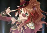  1girl animal_ears black_wrist_cuffs blush breasts brown_hair burning_as_one_(umamusume) coat commentary_request ears_through_headwear epaulettes fang fedora forever_young_(umamusume) green_eyes hat holding holding_microphone horse_ears horse_girl jewelry long_hair looking_at_viewer medium_breasts microphone multicolored_hair multiple_rings norizou open_mouth purple-tinted_eyewear red-tinted_eyewear red_coat red_streaks ring solo streaked_hair sunglasses teeth tinted_eyewear umamusume upper_teeth_only white_streaks wrist_cuffs 