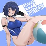  1girl armband ball beachball black_gloves blue_hair blue_one-piece_swimsuit borrowed_character breasts commentary_request competition_swimsuit covered_navel feet_out_of_frame gloves green_eyes grin hakuduki18 happy_birthday highleg highleg_one-piece_swimsuit highres large_breasts looking_at_viewer one-piece_swimsuit one_eye_closed original short_hair sitting smile solo swimsuit two-tone_swimsuit umise_aoba_(ulrich) 