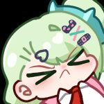  1girl annoyed bag blush chibi commentary frown green_eyes green_hair grumpy hair_ornament hairclip heart highres multiple_hairclips necktie red_necktie sharuu0718 shirt solo sunna_(zenless_zone_zero) v-shaped_eyebrows white_shirt zenless_zone_zero 
