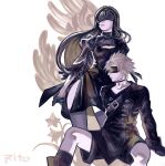  1boy 1girl 2b_(nier:automata) 2b_(nier:automata)_(cosplay) 9s_(nier:automata) 9s_(nier:automata)_(cosplay) black_choker black_dress black_gloves black_hair black_jacket black_shorts black_thighhighs blindfold blonde_hair choker cleavage_cutout closed_mouth clothing_cutout cloud_strife cloud_strife_(scanner_ensemble) collarbone commentary_request company_connection cosplay dress feet_out_of_frame final_fantasy final_fantasy_vii final_fantasy_vii:_ever_crisis final_fantasy_vii_remake flower gloves highres jacket long_hair nier:automata nier_(series) official_alternate_costume puffy_sleeves short_hair shorts side_slit sitting spiked_hair standing thighhighs tifa_lockhart tifa_lockhart_(battler_ensemble) tori_(labyrinth_fft) 
