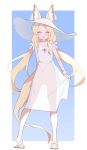  1girl absurdres alternate_costume alternate_hairstyle animal_ear_fluff animal_ears blue_archive blue_background border choker commentary dress flower fox_ears fox_girl full_body hair_ribbon halo hat hat_flower highres holding_own_dress legs_apart low_twintails open_mouth ribbon s10021 sandals scrunchie see-through_clothes see-through_dress see-through_silhouette seia_(blue_archive) seia_(sundress)_(blue_archive) simple_background sketch smile solo standing straight-on sun_hat sundress tail twintails white_border white_choker white_dress white_hat white_ribbon wrist_scrunchie yellow_eyes 