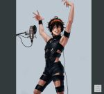  1boy absurdres armband armpits arms_up black_hair bondage_outfit commentary_request cosplay grey_background grin hair_between_eyes headphones highres hot_limit jojo_no_kimyou_na_bouken kitsunewara male_focus microphone narancia_ghirga nishikawa_takanori nishikawa_takanori_(cosplay) one_eye_closed short_hair smile solo studio_microphone t.m.revolution the_first_take vento_aureo wristband 
