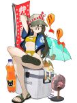  1girl andrewcockroach animal animal_print artist_logo baseball_cap beach_umbrella blush_stickers bottle breasts brown_eyes brown_hair cat cat_print cleavage cleavage_cutout clothing_cutout colored_shoe_soles cooler crossed_legs earrings electric_fan english_commentary feet flag ghost hat highres jacket jacket_over_swimsuit jewelry logo long_hair mitsudomoe_(shape) nejiri_hachimaki original pubic_cutout sandals shoe_soles simple_background skindentation small_breasts soda_bottle sports_sandals streamers swimsuit tomoe_(symbol) umbrella white_background 