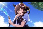  1girl animal_ears blue_sky blush bow bowtie braid braided_hair_rings breasts brown_hair closed_eyes cloud commentary_request ear_covers ear_ornament gentildonna_(umamusume) hair_between_eyes hair_ornament hair_rings heart-shaped_ornament heart_ear_ornament highres holding holding_hose horse_ears horse_girl horse_tail hose kkn2929 letterboxed long_hair medium_breasts open_mouth outdoors puffy_short_sleeves puffy_sleeves purple_bow purple_bowtie purple_shirt sailor_collar sailor_shirt school_uniform shirt short_sleeves sky smile solo summer_uniform tail tracen_school_uniform umamusume upper_body water white_sailor_collar 