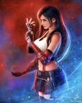  1girl adjusting_clothes adjusting_gloves artist_name bare_shoulders black_hair black_skirt black_thighhighs blue_background breasts commentary crop_top earrings elbow_gloves elbow_pads english_commentary final_fantasy final_fantasy_vii final_fantasy_vii_remake fingerless_gloves floating_hair from_side gloves gradient_background hand_up highres instagram_username jewelry large_breasts light_particles lips lipstick long_hair looking_afar looking_ahead loose_hair_strand low-tied_long_hair makeup midriff navel pleated_skirt red_background red_eyes red_lips serious signature single_arm_guard single_elbow_pad skirt solo suspender_skirt suspenders swept_bangs tank_top teardrop_earrings thighhighs tifa_lockhart two-tone_background tylor_hepner very_long_hair white_tank_top zettai_ryouiki 