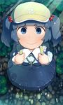  backpack bag blue_eyes blue_hair dress from_above hair_bobbles hair_ornament hat highres kawashiro_nitori key long_sleeves looking_at_viewer monosenbei partially_submerged pebble pocket river shirt short_hair skirt skirt_set smile solo stream touhou two_side_up water 