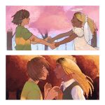  1girl 1other aged_down alex_(hexadonis) angel bandaid bandaid_on_arm beads blonde_hair blue_hairband box_braids braid brown_hair buck_teeth collared_shirt commentary dark-skinned_female dark_skin deltarune dress english_commentary fake_horns freckles green_shirt hair_beads hair_ornament hair_scrunchie hairband halo highres holding_hands horn_hairband horns humanization humanized_skin_color kris_(deltarune) long_hair noelle_holiday open_mouth ponytail red_horns scene_reference scrunchie shirt short_hair sweater_vest t-shirt teeth tree utdr_(toby_fox) very_dark_skin weird_route_(deltarune) white_dress white_shirt white_wings wings 