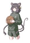  1girl alternate_costume animal_ears arknights ball basketball_(object) black_eyes black_hair black_tail blush braid clothes_writing commentary_request cropped_legs green_jacket green_shorts gym_uniform hair_ornament hairclip highres holding holding_ball jacket long_hair long_sleeves looking_at_viewer lutonada_(arknights) material_growth mouse_ears mouse_girl mouse_tail oripathy_lesion_(arknights) rhodes_island_logo_(arknights) shorts solo standing tail tail_raised turtleneck turtleneck_jacket very_long_hair yuudome_(user_dxzf5273) zipper_pull_tab 