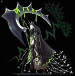  1girl absurdly_long_hair absurdres black_background black_dress black_gloves black_thighhighs black_veil boots deadslug dress fantasy full_body gloves green_eyes hair_over_one_eye highres holding holding_scythe hunched_over long_arms long_hair long_legs looking_at_viewer low-tied_long_hair original pale_skin pointy_shoes puff_and_slash_sleeves puffy_sleeves scythe side_slit solo standing tall_female thigh_boots thighhighs veil very_long_hair white_hair 
