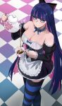  1girl absurdres bare_shoulders black_bow blue_eyes blue_hair bow breasts bright_pupils checkered_floor cleavage colored_inner_hair corset cup detached_sleeves dress enmaided hair_bow highres holding holding_cup holding_teapot jourd4n juliet_sleeves large_breasts long_hair long_sleeves maid multicolored_hair panty_&amp;_stocking_with_garterbelt pink_hair pouring puffy_sleeves short_dress solo standing stocking_(psg) striped_clothes striped_thighhighs teapot thighhighs very_long_hair white_pupils 