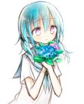  1girl amakaze_sora blue_flower blue_hair blue_neckerchief blue_sailor_collar bouquet closed_mouth flower hair_between_eyes hair_over_shoulder holding holding_bouquet long_hair low_twintails neckerchief original purple_eyes purple_flower sailor_collar school_uniform serafuku shirt short_sleeves simple_background solo twintails upper_body wavy_mouth white_background white_shirt 