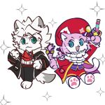  2boys arm_up ascot black_pants blue_eyes braid cat_boy chibi chibi_only classicaloid closed_mouth commentary_request conductor_baton full_body furrification furry green_eyes hat holding_baton jacket kanchiku long_sleeves ludwig_van_beethoven_(classicaloid) multiple_boys open_mouth pants pawpads red_ascot red_hat red_jacket sparkle white_ascot white_background wolf_boy wolfgang_amadeus_mozart_(classicaloid) 