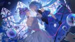  2girls blue_dress blue_theme braid bridal_gauntlets bubble choker dress dual_persona eye_contact facial_mark flower grace_(identity_v) grace_(rosemary)_(identity_v) grace_(the_dreamcaller)_(identity_v) hair_flower hair_ornament hand_on_another's_face highres holding holding_staff identity_v looking_at_another multiple_girls official_alternate_costume pba_471 purple_choker purple_dress purple_hair single_braid staff wavy_hair yuri 