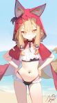  1girl absurdres animal_ears arknights arknights:_endfield beach bikini black_bikini black_choker blonde_hair blue_sky breasts chinese_commentary choker commentary_request ears_through_hood hand_on_own_hip highres long_hair looking_at_viewer navel nyarnya ocean outdoors red_hood rossi_(arknights) sky small_breasts smile solo stomach swimsuit tail thighs very_long_hair wolf_ears wolf_girl wolf_tail yellow_eyes 