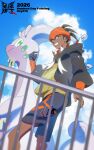  1boy black_hair black_hoodie blue_sky cloud dark-skinned_male dark_skin day demonqz7 earrings gloves goodra green_eyes grin headband highres hood hoodie jewelry male_focus open_mouth orange_headband outdoors pokemon pokemon_(creature) pokemon_sword_and_shield raihan_(pokemon) shirt short_hair shorts side_slit side_slit_shorts single_glove sky slime_(substance) smile teeth 
