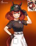  1girl absurdres animal_ears apron arroz_con_leche baseball_cap black_gloves black_hat black_shirt blush brown_eyes brown_hair ear_covers gloves hat highres horse_ears horse_girl horse_tail long_hair looking_at_viewer multicolored_hair nice_nature_(umamusume) official_alternate_costume open_mouth reference_inset shirt short_sleeves smile solo streaked_hair tail teeth twintails umamusume upper_teeth_only white_apron 