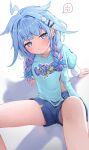  1girl absurdres ahoge anger_vein arm_support arms_behind_back blue_bow blue_eyes blue_hair blue_shirt blue_shorts blunt_bangs bow braid closed_mouth commentary cross-laced_clothes cross-laced_top double-parted_bangs dutch_angle ear_piercing feet_out_of_frame hair_bow hair_flaps hair_intakes hair_ornament hairclip highres hololive hololive_dev_is invisible_floor jitome layered_sleeves light_blush lightning_ahoge long_sleeves looking_at_viewer low_twin_braids mizumiya_su mizumiya_su_(1st_costume) multicolored_hair namama_(namama82) on_floor panties panty_peek parallel_hairclips piercing pink_streaks pout print_shirt shadow shirt short_over_long_sleeves short_shorts short_sleeves shorts sidelighting sitting solo speech_bubble spoken_anger_vein streaked_hair torn_clothes torn_shirt torn_shorts twin_braids two-tone_hair underwear v-shaped_eyebrows virtual_youtuber white_panties white_sleeves x_hair_ornament 
