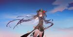  :o absurdres brown_hair bug butterfly commentary_request flower genshin_impact ghost hat highres hu_tao_(genshin_impact) long_hair low_twintails qixia red_eyes red_flower shorts twintails 