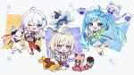  3girls :d ;d beaubeanie_(honkai:_nexus_anima) black_shirt blonde_hair blue_eyes blue_hair boots braid character_request chibi commentary_request fyrklor_(honkai:_nexus_anima) green_jacket grey_background grey_hair hair_between_eyes hair_ornament hair_over_shoulder honkai:_nexus_anima honkai_(series) hood hood_down hoodie jacket kiana_kaslana kiana_kaslana_(honkai:_nexus_anima) lightning_bolt_hair_ornament lightning_bolt_symbol long_hair long_sleeves low_twintails multiple_girls nanafey_(honkai:_nexus_anima) one_eye_closed orange_socks outstretched_arm pants pointing puffy_long_sleeves puffy_sleeves purple_shorts see-through_clothes see-through_jacket shirt shorts smile socks standing standing_on_one_leg star_(symbol) twin_braids twintails very_long_hair white_boots white_hoodie white_jacket white_pants yamabukiiro 
