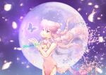  1girl artist_name breasts bug butterfly chinese_clothes cleavage cleavage_cutout clothing_cutout commentary_request double_bun dress falling_petals flower hair_bun hair_flower hair_ornament long_hair petals pink_dress pink_hair pink_petals purple_eyes ranma_1/2 shampoo_(ranma_1/2) side_slit teltelo1o8 white_flower 