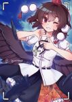  1girl absurdres bird_wings black_ribbon black_skirt black_wings collared_shirt commentary_request frilled_skirt frills hat highres lysosomes_(lys9s9mes) one_eye_closed pointy_ears pom_pom_(clothes) puffy_sleeves red_eyes ribbon shameimaru_aya shirt short_hair skirt smile solo tokin_hat touhou viewfinder white_shirt wings 