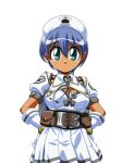  1girl blue_hair breasts cleavage cleavage_cutout closed_mouth clothing_cutout collared_dress corset cowboy_shot dark-skinned_female dark_skin dress game_asset gloves green_eyes hair_between_eyes hands_on_own_hips hat large_breasts large_variant_set lowres manjuverunu_no_sen_otome non-web_source nurse nurse_cap official_art puffy_short_sleeves puffy_sleeves sally_merci_(manjuverunu) self-datamine short_dress short_hair short_sleeves simple_background siubomanjyu solo stethoscope tachi-e transparent_background variant_set white_dress white_gloves white_hat 