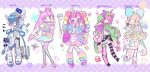  5girls absurdres alphabet_blocks animal_bag antennae aqua_eyes audio_jack bag bead_bracelet beads black_skirt blonde_hair blonde_streaks blue_bow blue_eyeshadow blue_hair blue_jacket blue_ribbon blue_shirt blue_skirt blush boots bow bowtie bracelet cable cat_bag chinese_commentary commentary_request creature cyber_fashion decora detached_sleeves energy_gun eyeball eyeball_print eyeshadow fashion flower frilled_skirt frilled_thigh_strap frills frog_hair_ornament full_body fur_leg_warmers glitch gloves gradient_legwear green_bow green_bowtie green_hoodie green_skirt grey_eyes grey_leotard grey_thighhighs gurokawa hair_bow hair_ornament halo handbag headphones headphones_around_neck headset heart heart-shaped_eyewear highres holding holding_energy_gun holding_microphone holding_phone holding_weapon hood hood_up hoodie horns icon_(computing) idol_clothes jacket jewelry large_bow leg_warmers leotard lollipop_hair_ornament long_hair long_sleeves looking_at_viewer makeup microphone microsoft_windows migulu monitor multicolored_hair multiple_girls one_eye_closed open_clothes open_jacket original pantyhose parted_bangs phone pink-framed_eyewear pink_bag pink_eyes pink_hair pink_shoes pink_skirt polka_dot polka_dot_bow print_pantyhose print_shirt purple_eyes purple_hair purple_horns ray_gun ribbon roller_skates safety_glasses selfie selfie_stick shirt shoes short_hair skates skirt smiley_face standing standing_on_one_leg star_(symbol) streaked_hair striped_clothes striped_thighhighs sunglasses suspenders thigh_strap thighhighs tongue tongue_out uchuu_kei ufo ufo_skirt variant_set weapon white_boots white_shirt white_sleeves windows_xp yellow_gloves yume_kawaii 