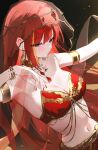  030_bv 1girl akane_lize blush bra bracelet breasts cleavage closed_mouth commentary_request diamond_earrings earrings expressionless gem gold_collar grey_eyes hand_up harem_outfit highres jewelry korean_commentary large_breasts long_hair multiple_bracelets navel necklace outstretched_arm red_bra red_gem red_hair see-through_clothes see-through_veil solo stellive stomach straight_hair strapless strapless_bra underwear upper_body veil very_long_hair virtual_youtuber 