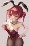  1girl absurdres animal_ear_hairband animal_ears blush breasts brown_pantyhose cleavage commentary_request eyelashes fake_animal_ears fangs fingernails grey_background hairband hand_on_own_hip heterochromia highres hololive houshou_marine leotard long_hair looking_at_viewer open_mouth pantyhose playboy_bunny rabbit_ear_hairband rabbit_ears red_eyes red_hair red_leotard relight simple_background smile solo strapless strapless_leotard teeth twintails upper_teeth_only virtual_youtuber wrist_cuffs yellow_eyes 