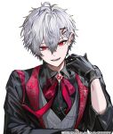  1boy :d absurdres ahoge artist_name black_gloves black_shirt brooch chain character_name collared_shirt commentary_request dot_nose double-parted_bangs dress_shirt ear_piercing fangs floral_print gem genderswap genderswap_(mtf) glint gloves grey_vest hair_between_eyes hair_ornament hanamiya_rica hand_up highres indie_virtual_youtuber jewelry lapel_pin lapels looking_at_viewer male_focus mole mole_under_eye neck_ribbon official_art open_mouth piercing red_eyes red_gem red_ribbon ribbed_vest ribbon rose_print sample_watermark shawl_lapels shirt short_hair simple_background slit_pupils smile solo spiked_ear_piercing three-quarter_sleeves twitter_username very_short_hair vest virtual_youtuber waistcoat watermark white_background white_hair wingtip_collar x_hair_ornament znjxlz 