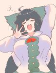  1girl arm_behind_head bird_wings black_hair black_wings bow breasts chest_eye closed_eyes commentary_request green_bow hair_bow highres long_hair long_sleeves open_mouth reiuji_utsuho rn_(sbr2933090) shirt simple_background solo squeans touhou upper_body white_shirt wings yawning 