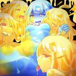  5girls ahoge aqua_hair biting black_background blue_skin breasts colored_skin colored_tongue commentary_request corruption heterochromia highres medium_breasts monster_girl multiple_girls no_nipples no_pussy original pink_eyes purple_tongue ringed_eyes slime_(substance) slime_girl slime_hair spread_legs suirium0723 tongue tongue_out yellow_skin yuri 