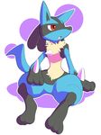  abstract_background ambiguous_gender blue_fur canine fur lucario mammal nintendo open_mouth pok&eacute;mon red_eyes sitting solo tongue video_games かいすけ 