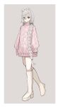  1girl absurdres animal_ears arknights arms_at_sides aurora_(arknights) blue_eyes boots border bow braid closed_mouth commentary_request english_commentary eyes_visible_through_hair full_body grey_background grey_bow grey_hairband hair_bow hair_intakes hair_over_one_eye hairband highres knee_boots light_blush long_hair mixed-language_commentary partial_commentary pink_sweater simple_background sleeves_past_wrists smile solo standing sweater turtleneck turtleneck_sweater udo_(akn_otk) very_long_hair white_boots white_border white_hair 