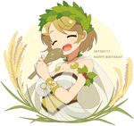  :d ^_^ bracelet breasts brown_hair cape cleavage closed_eyes dated happy_birthday head_wreath holly jewelry koizumi_hanayo large_breasts laurel_crown love_live! love_live!_school_idol_festival love_live!_school_idol_project music mzh necklace open_mouth rice rice_spoon short_hair singing smile solo upper_body wheat 